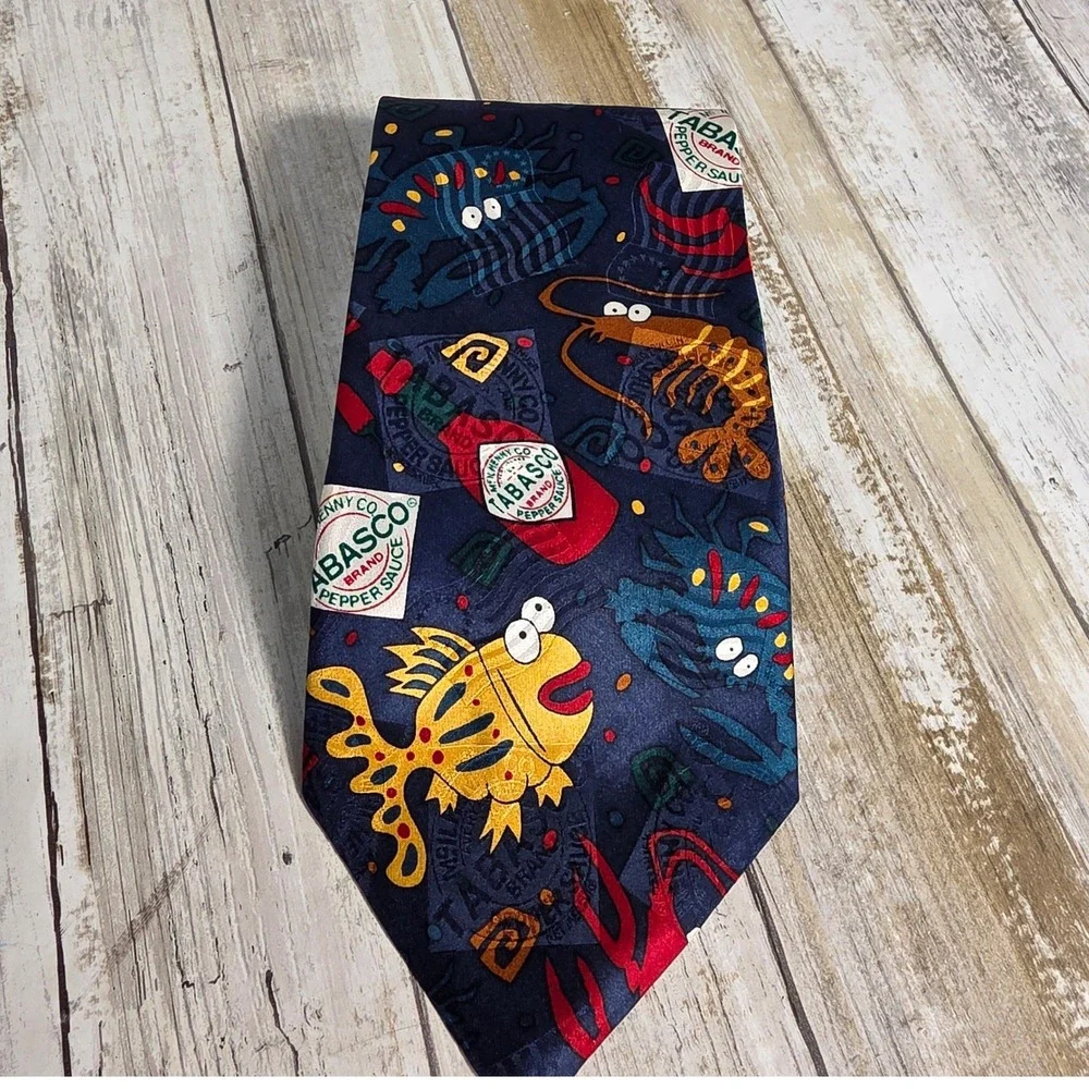 Tabasco Mens Silk Necktie Navy Blue Seafood Fish Shrimp Hot Sauce Novelty Tie